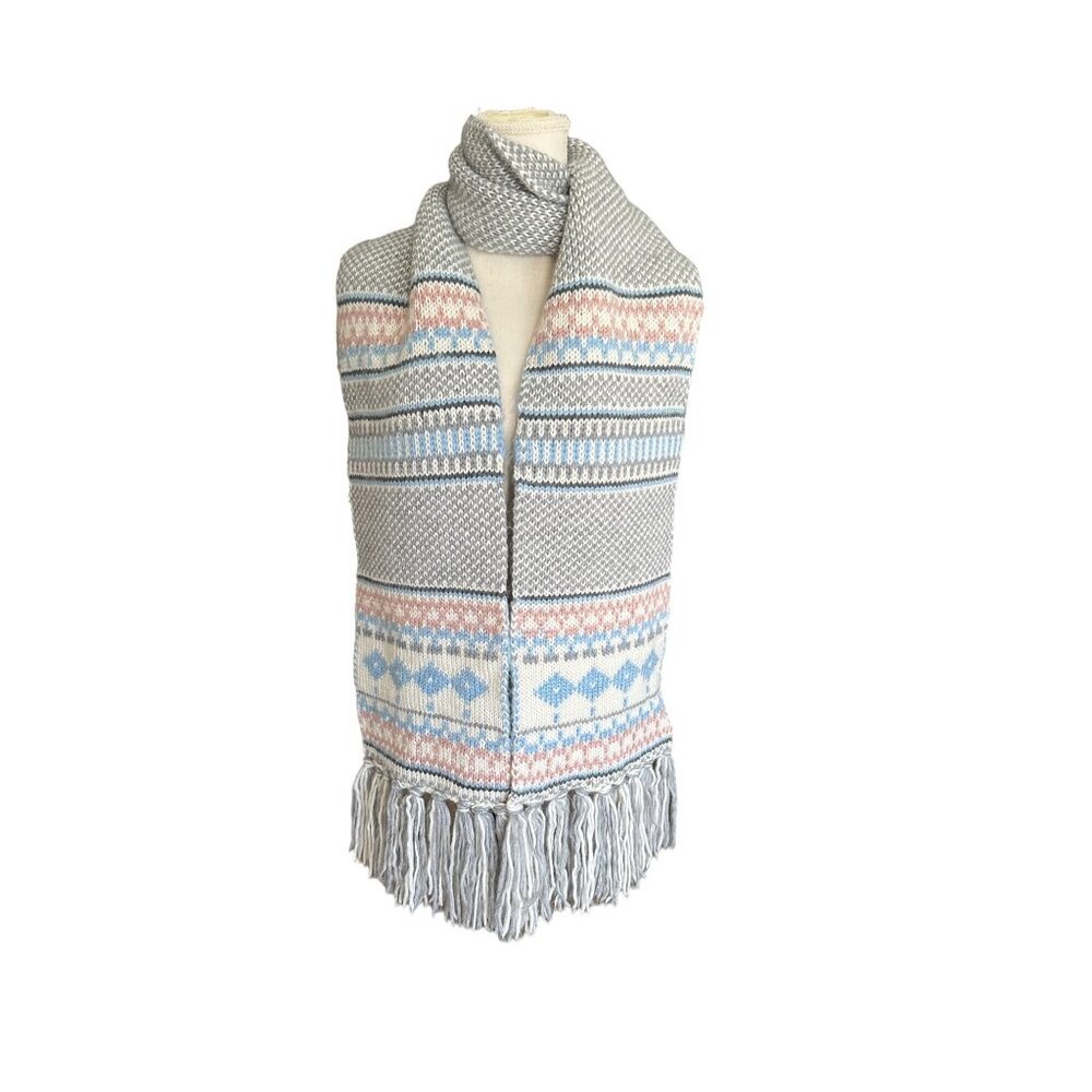 Lands End Womens Soft Knit Tassel Scarf Geometric Pattern In Pastel Blue & Pink
